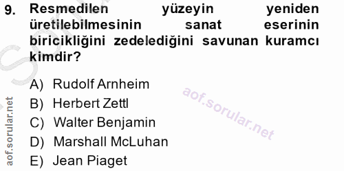 9. soru: Resmedilen yüzeyin yeniden üretilebilmesinin sanat eserinin biricikliğini zedelediğini savunan kuramcı kimdir? A) Rud…
