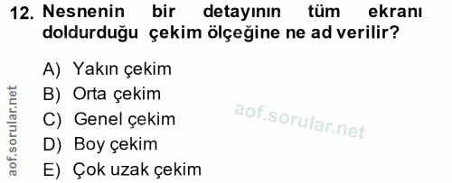 12. soru: Nesnenin bir detayının tüm ekranı doldurduğu çekim ölçeğine ne ad verilir? A) Yakın çekim B) Orta çekim C) Genel çeki…