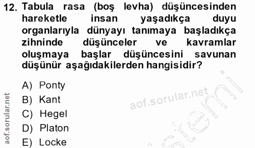 12. soru: Tabula rasa (boş levha) düşüncesinden hareketle insan yaşadıkça duyu organlarıyla dünyayı tanımaya başladıkça zihnind…