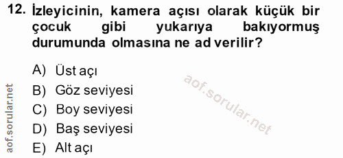 12. soru: İzleyicinin, kamera açısı olarak küçük bir çocuk gibi yukarıya bakıyormuş durumunda olmasına ne ad verilir? A) Ust aç…