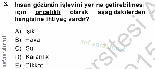 3. soru: İnsan gözünün işlevini yerine getirebilmesi için öncelikli olarak aşağıdakilerden hangisine ihtiyaç vardır? A) Işık B…