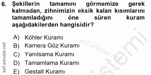 6. soru: Şekillerin tamamını görmemize gerek kalmadan, zihnimizin eksik kalan kısımlarını tamamladığını Öne süren kuram aşağıd…