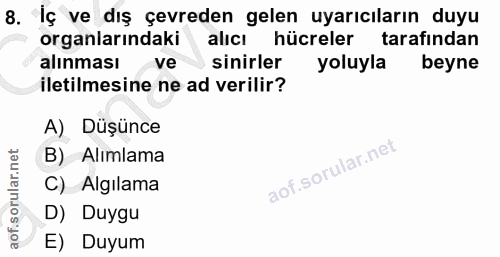 8. soru: İç ve dış çevreden gelen uyarıcıların duyu organlarındaki alıcı hücreler tarafından alınması ve sinirler yoluyla beyn…