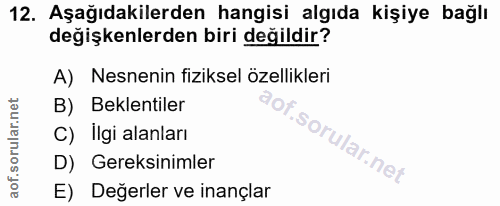 12. soru: Aşağıdakilerden hangisi algıda kişiye bağlı değişkenlerden biri değildir? A) Nesnenin fiziksel özellikleri B) Beklent…