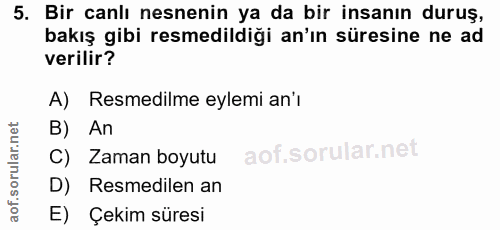 5. soru: Bir canlı nesnenin ya da bir insanın duruş, bakış gibi resmedildiği an'ın süresine ne ad verilir? A) Resmedilme eylem…