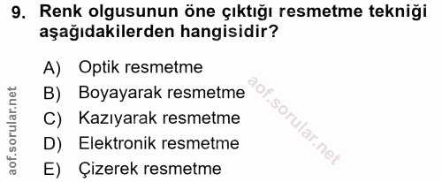 9. soru: Renk olgusunun öne çıktığı resmetme tekniği aşağıdakilerden hangisidir? A) Optik resmetme B) Boyayarak resmetme C) Ka…