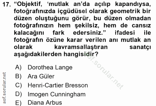 17. soru: "Objektif, 'mutlak an'da açılıp kapandıysa, fotoğrafınızda içgüdüsel olarak geometrik bir düzen oluştuğunu görür, bu…