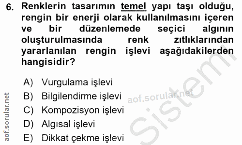 6. soru: Renklerin tasarımın temel yapı taşı olduğu, rengin bir enerji olarak kullanılmasını içeren ve bir düzenlemede seçici…