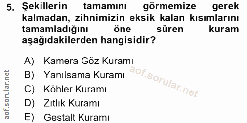 5. soru: Şekillerin tamamını görmemize gerek kalmadan, zihnimizin eksik kalan kısımlarını tamamladığını öne süren kuram aşağıd…