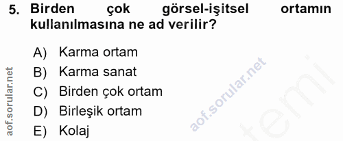 5. soru: Birden çok görsel-işitsel ortamın kullanılmasına ne ad verilir? A) Karma ortam B) Karma sanat C) Birden çok ortam D)…