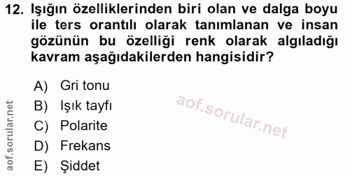 12. soru: Işığın özelliklerinden biri olan ve dalga boyu ile ters orantılı olarak tanımlanan ve insan gözünün bu özelliği renk…