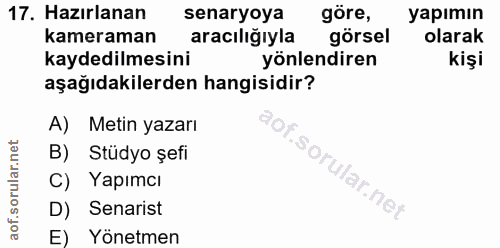 17. soru: Hazırlanan senaryoya göre, yapımın kameraman aracılığıyla görsel olarak kaydedilmesini yönlendiren kişi aşağıdakilerd…