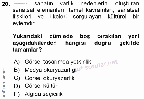 20. soru: sanatın varlık nedenlerini oluşturan sanatsal elemanları, temel kavramları, sanatsal ilişkileri ve ilkeleri sorgulaya…