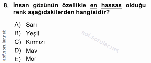8. soru: İnsan gözünün özellikle en hassas olduğu renk aşağıdakilerden hangisidir? A) Sarı ar.net B) Yeşil orul C) Kırmızı D)…