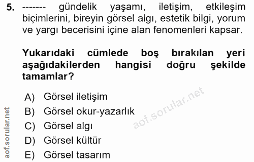 5. soru: gündelik yaşamı, iletişim, etkileşim biçimlerini, bireyin görsel algı, estetik bilgi, yorum ve yargı becerisini içine…