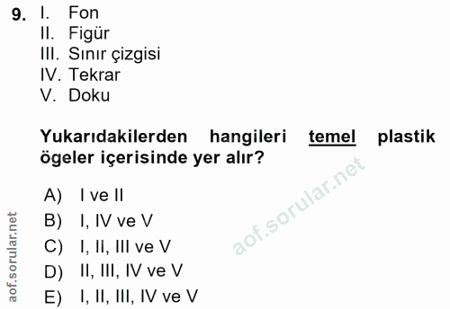 9. soru: Fon II. Figür II. Sınır çizgisi IV. Tekrar V. Doku Yukarıdakilerden hangileri temel plastik ögeler içerisinde yer alı…