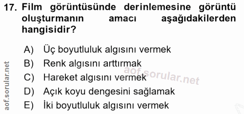 17. soru: Film görüntüsünde derinlemesine görüntü oluşturmanın amacı aşağıdakilerden hangisidir? A) Üç boyutluluk algısını verm…