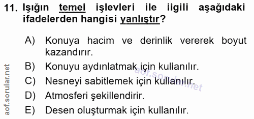 11. soru: Işığın temel işlevleri ile ilgili aşağıdaki ifadelerden hangisi yanlıştır? A) Konuya hacim ve derinlik vererek boyut…