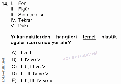 14. soru: I. Fon II. Figür IlI. Sınır çizgisi IV. Tekrar V. Doku Yukarıdakilerden hangileri temel plastik ögeler içerisinde yer…