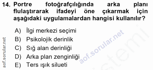 14. soru: Portre fotoğrafçılığında arka planı flulaştırarak ifadeyi öne çıkarmak için aşağıdaki uygulamalardan hangisi kullanıl…