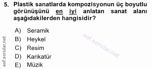 5. soru: Plastik sanatlarda kompozisyonun üç boyutlu görünüşünü en iyi anlatan sanat alanı aşağıdakilerden hangisidir? A) Sera…