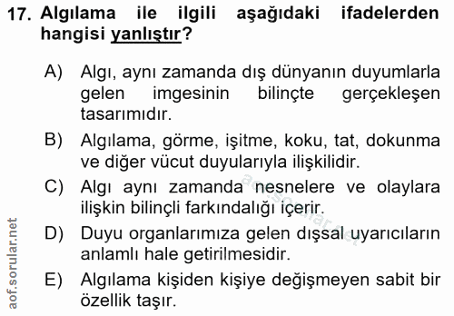 17. soru: Algılama ile ilgili aşağıdaki ifadelerden hangisi yanlıştır? A) Algı, aynı zamanda dış dünyanın duyumlarla gelen imge…