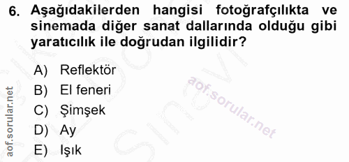6. soru: Aşağıdakilerden hangisi fotoğrafçılıkta ve sinemada diğer sanat dallarında olduğu gibi yaratıcılık ile doğrudan ilgil…