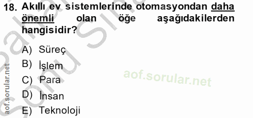 18. soru: Akıllı ev sistemlerinde otomasyondan daha önemli olan öge aşağıdakilerden hangisidir? A) Süreç B) İşlem C) Para D) In…