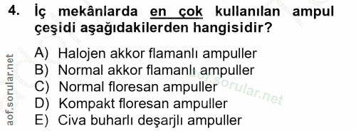 4. soru: İç mekânlarda en çok kullanılan ampul çeşidi aşağıdakilerden hangisidir? A) Halojen akkor flamanlı ampuller B) Normal…