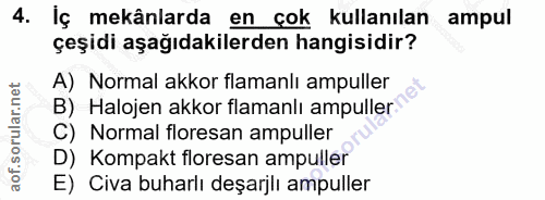 4. soru: İç mekânlarda en çok kullanılan ampul çeşidi aşağıdakilerden hangisidir? A) Normal akkor flamanlı ampuller B) Halojen…