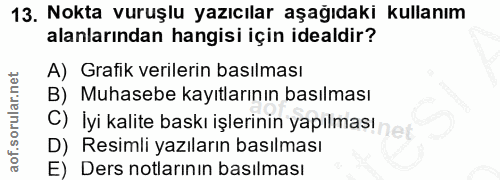 13. soru: Nokta vuruşlu yazıcılar aşağıdaki kullanım alanlarından hangisi için idealdir? A) Grafik verilerin basılması B) Muhas…