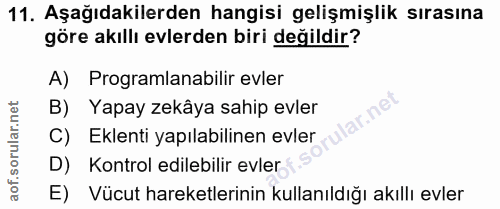 11. soru: Aşağıdakilerden hangisi gelişmişlik sırasına göre akıllı evlerden biri değildir? A) Programlanabilir evler B) Yapay z…
