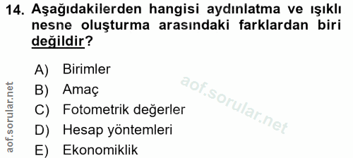 14. soru: Aşağıdakilerden hangisi aydınlatma ve ışıklı nesne oluşturma arasındaki farklardan biri değildir? A) Birimler B) Amaç…