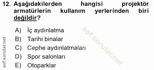 12. soru: Aşağıdakilerden hangisi projektör armatürlerin kullanım yerlerinden biri değildir? A) Iç aydınlatma B) Tarihi binalar…