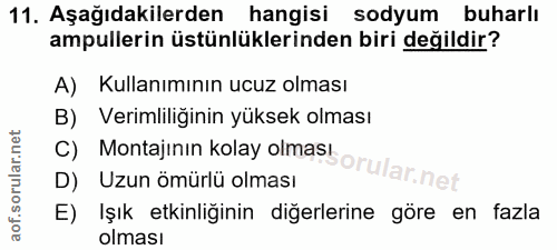 11. soru: Aşağıdakilerden hangisi sodyum buharlı ampullerin üstünlüklerinden biri değildir? A) Kullanımının ucuz olması B) Veri…