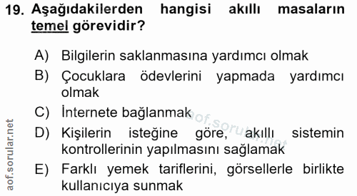 19. soru: Aşağıdakilerden hangisi akıllı masaların temel görevidir? A) Bilgilerin saklanmasına yardımcı olmak B) Çocuklara ödev…