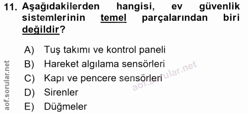 11. soru: Aşağıdakilerden hangisi, ev güvenlik sistemlerinin temel parçalarından biri değildir? A) Tuş takımı ve kontrol paneli…