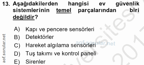 13. soru: Aşağıdakilerden hangisi ev güvenlik sistemlerinin temel parçalarından biri değildir? A) Kapı ve pencere sensörleri B)…