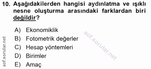 10. soru: Aşağıdakilerden hangisi aydınlatma ve ışıklı nesne oluşturma arasındaki farklardan biri değildir? A) Ekonomiklik B) F…
