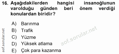 16. soru: Aşağıdakilerden hangisi insanoğlunun varolduğu günden beri önem verdiği konulardan biridir? A) Barınma B) Trafik C) Y…