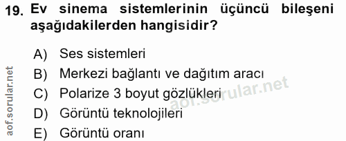 19. soru: Ev sinema sistemlerinin üçüncü bileşeni aşağıdakilerden hangisidir? A) Ses sistemleri B) Merkezi bağlantı ve dağıtım…