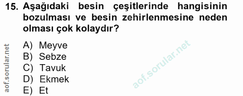 15. soru: Aşağıdaki besin çeşitlerinde hangisinin bozulması ve besin zehirlenmesine neden olması çok kolaydır? A) Meyve B) Sebz…