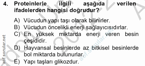 4. soru: Proteinlerle ilgili aşağıda verilen ifadelerden hangisi doğrudur? A) Vücudun yapı taşı olarak bilinirler. B) Vücudun…