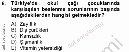6. soru: Türkiye'de okul çağı çocuklarında karşılaşılan beslenme sorunlarının başında aşağıdakilerden hangisi gelmektedir? A)…
