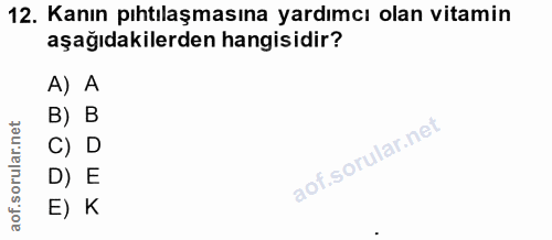 12. soru: Kanın pıhtılaşmasına yardımcı olan vitamin aşağıdakilerden hangisidir? A) A B) B C) D D) E E) K
