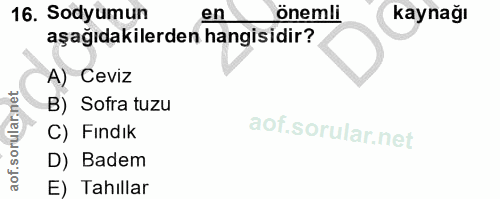16. soru: Sodyumun en önemli kaynağı aşağıdakilerden hangisidir? A) Ceviz B) Sofra tuzu C) Findık D) Badem E) Tahıllar