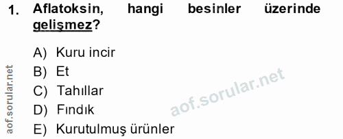 1. soru: Aflatoksin, hangi besinler üzerinde gelişmez? A) Kuru incir B) Et C) Tahıllar D) Fındık E) Kurutulmuş ürünler