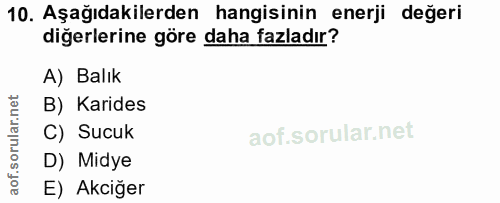 10. soru: Aşağıdakilerden hangisinin enerji değeri diğerlerine göre daha fazladır? A) Balık B) Karides C) Sucuk D) Midye E) Akc…
