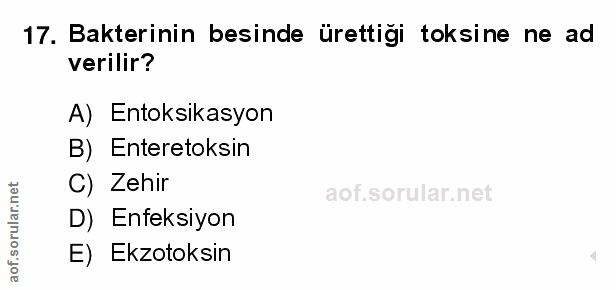 17. soru: Bakterinin besinde ürettiği toksine ne ad verilir? A) Entoksikasyon B) Enteretoksin C) Zehir D) Enfeksiyon E) Ekzotoksin