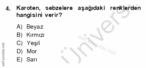 4. soru: Karoten, Karoten, sebzelere aşağıdaki renklerden hangisini verir? A) Beyaz ver B) Kırmızı C) Yeşil D) Mor E) Sarı